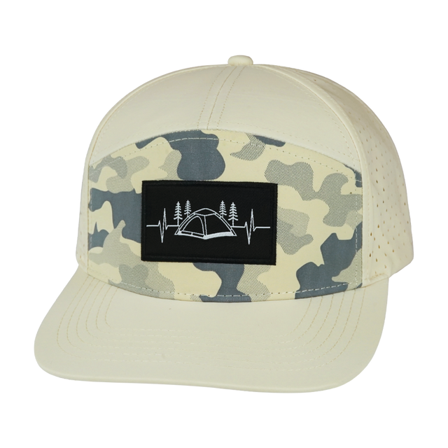 Camping Hat, Flat Bill, Snapback Hat, Cream, Soft Cream Camo, Mens Hat, Womens Hat, Front Picture