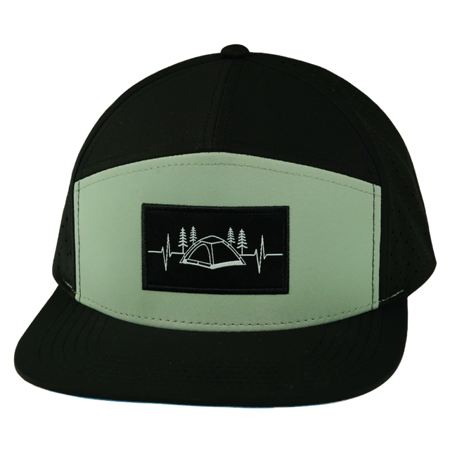 Camping Hat, Flat Bill, Snapback Hat, Black, Sage, Mens Hat, Womens Hat, Front Picture 