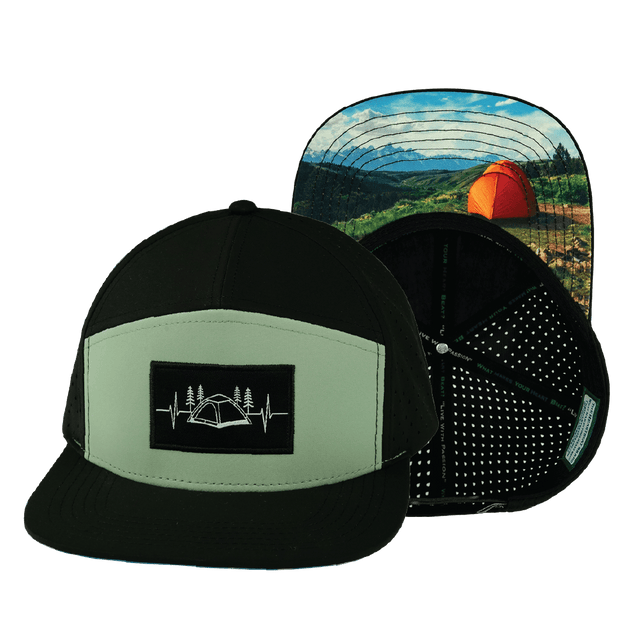 Camping Hat, Flat Bill, Snapback Hat, Black, Sage, Mens Hat, Womens Hat, Main Picture 