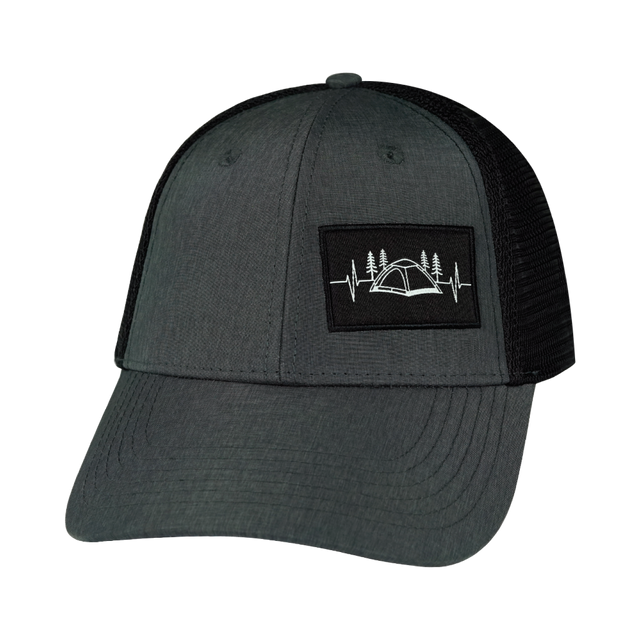 Camping Hat, Low Profile, Snapback Hat, Slate Gray, Black, Mens Hat, Womens Hat, Front Picture 