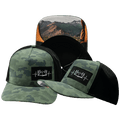 Camping Hat - Trucker Hat - Soft Teal Camo / Black - Laser Mesh
