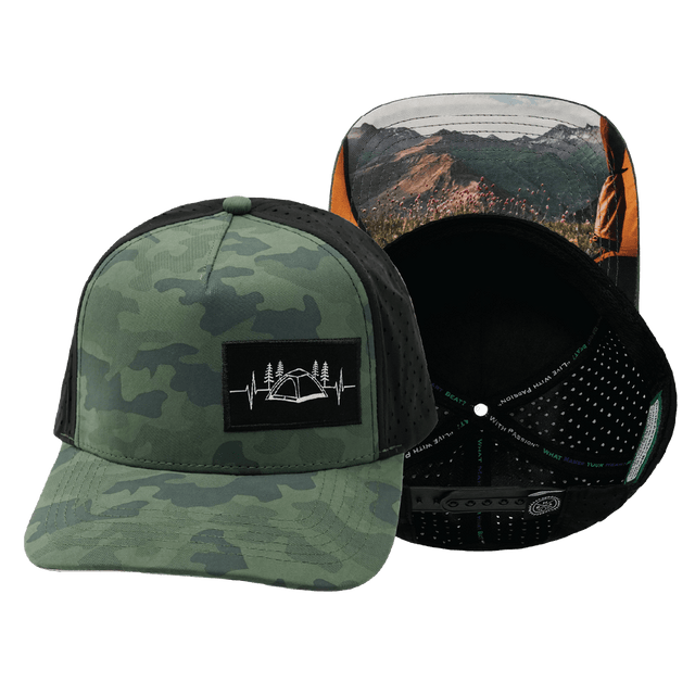 Camping Hat, Trucker Hat, Snapback Hat, Soft Teal Camo, Black, Mens Hat, Womens Hat, Main Picture
