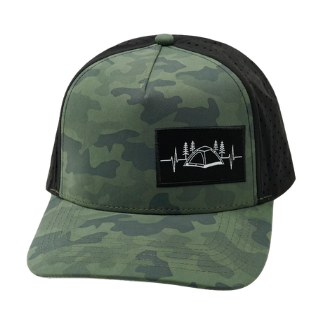 Camping Hat, Trucker Hat, Snapback Hat, Soft Teal Camo, Black, Mens Hat, Womens Hat, Front Picture