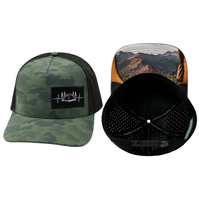 Camping Hat, Trucker Hat, Snapback Hat, Soft Teal Camo, Black, Mens Hat, Womens Hat, Main Picture