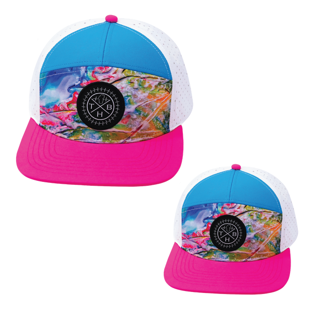 Color Vibes Hat Bundle, Flat Bill, Snapback Hat, Candy Land, Neon Pink, Neon Blue, White, Mens Hat, Womens Hat, Front Picture  