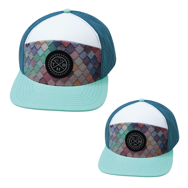 Color Vibes Hat Bundle, Flat Bill, Snapback Hat, Mosaic Scales, Mint, White, Slate Blue, Mens Hat, Womens Hat, Front Picture 