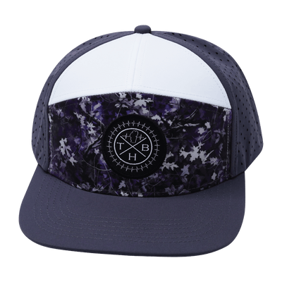 Color Vibes Hat, Flat Bill, Snapback Hat, Blue Fall Camo, Charcoal, White, Mens Hat, Womens Hat, Front Picture