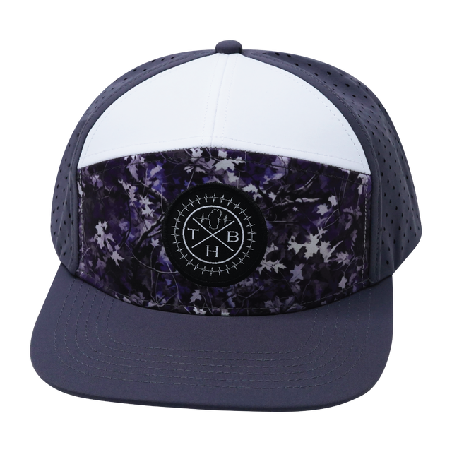 Color Vibes Hat, Flat Bill, Snapback Hat, Blue Fall Camo, Charcoal, White, Mens Hat, Womens Hat, Front Picture