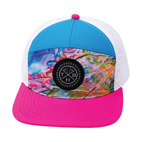 Color Vibes Hat, Flat Bill, Snapback Hat,  Candy Land, Neon Pink, Neon Blue, White, Mens Hat, Womens Hat, Front Picture 