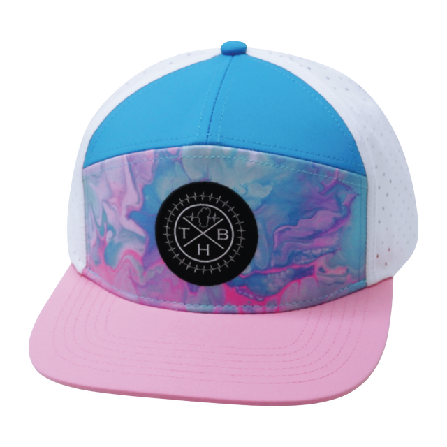 Color Vibes Hat, Flat Bill, Snapback Hat, Cotton Candy, Pink, Neon Blue, White, Mens Hat, Womens Hat, Front Picture