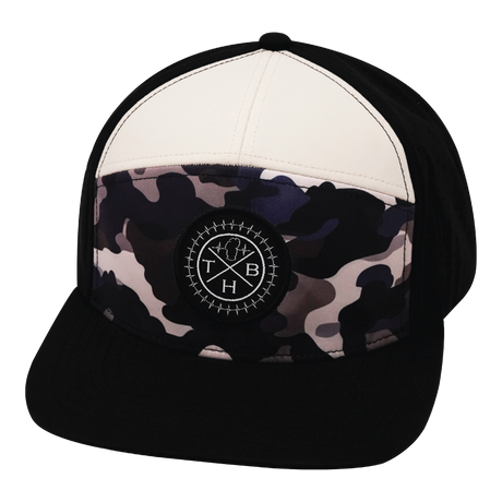 Color Vibes Hat, Flat Bill, Snapback Hat, Desert Night Camo, Black, Cream, Mens Hat, Womens Hat, Front Picture
