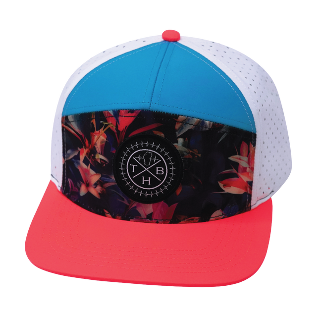 Color Vibes Hat, Flat Bill, Snapback Hat, Electric Eden, Neon Peach, Neon Blue, White, Mens Hat, Womens Hat, Front Picture 