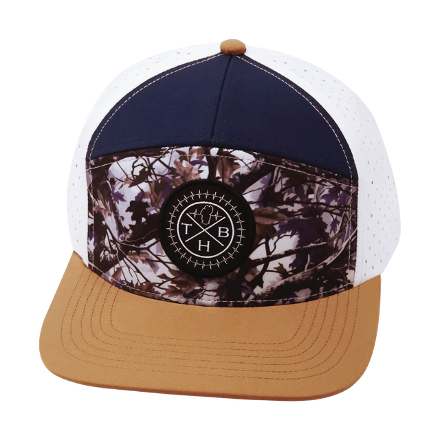 Color Vibes Hat, Flat Bill, Snapback Hat, Evenings Leaves, Light Tan, Navy, White, Mens Hat, Womens Hat, Front Picture 