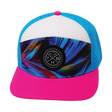 Color Vibes Hat, Flat Bill, Snapback Hat, Feather Glow, Neon Pink, White, Neon Blue, Mens Hat, Womens Hat, Front Picture 