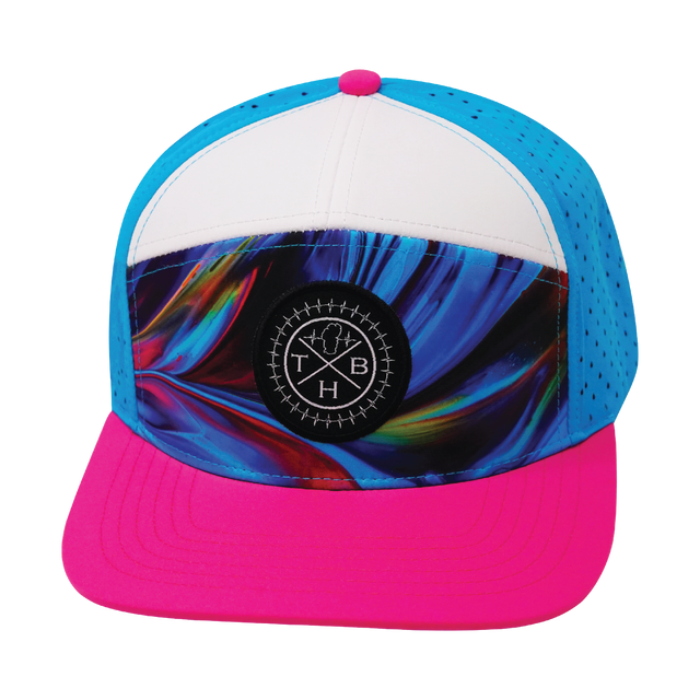 Color Vibes Hat, Flat Bill, Snapback Hat, Feather Glow, Neon Pink, White, Neon Blue, Mens Hat, Womens Hat, Front Picture 