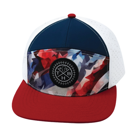 Color Vibes Hat, Flat Bill, Snapback Hat, Geo Flag, Dark Red, Navy, White, Mens Hat, Womens Hat, Front Picture 