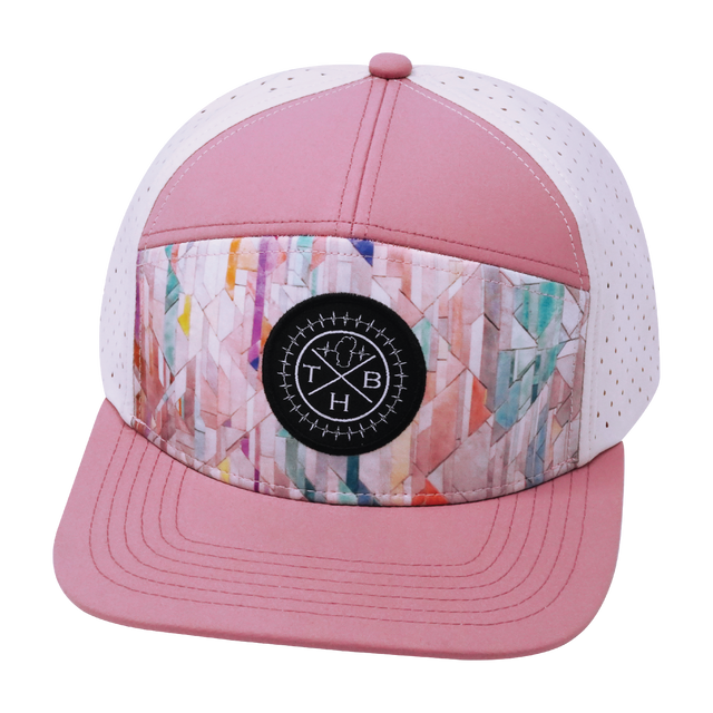 Color Vibes Hat, Flat Bill, Snapback Hat, Geo Mosaic, Pink Peach, Cream, Mens Hat, Womens Hat, Front Picture 