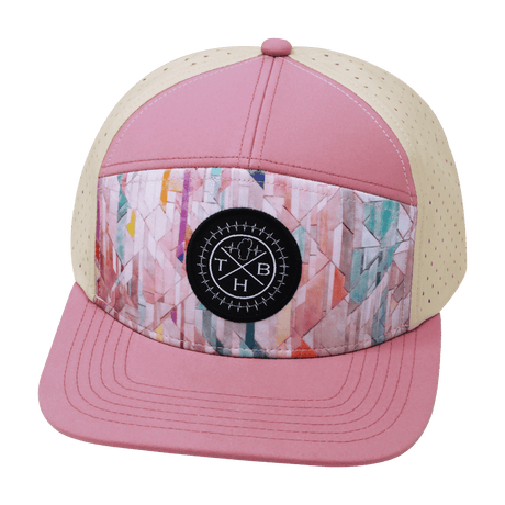 Color Vibes Hat, Flat Bill, Snapback Hat, Geo Mosaic, Pink Peach, Cream, Mens Hat, Womens Hat, Front Picture   