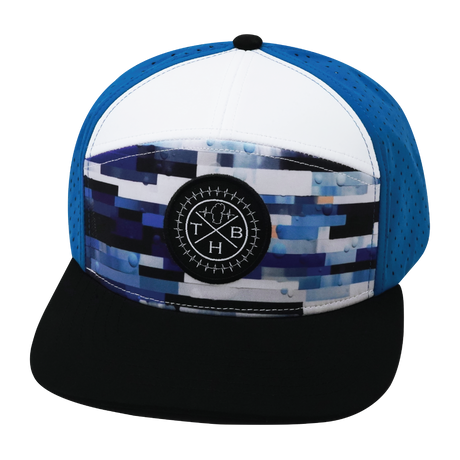 Color Vibes Hat, Flat Bill, Snapback Hat, Sky Blocks, Black, White, Blue, Mens Hat, Womens Hat, Front Picture 