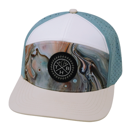 Color Vibes Hat, Flat Bill, Snapback Hat, Marble Earth, Cream, White, Light Blue, Mens Hat, Womens Hat, Front Picture 