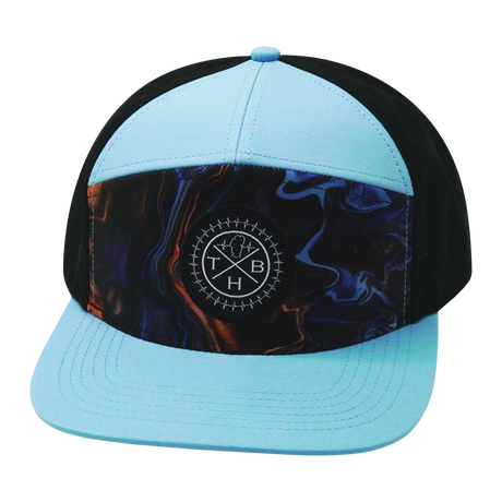 Color Vibes Hat, Flat Bill, Snapback Hat, Midnight Mirage, Baby Blue, Black, Mens Hat, Womens Hat, Front Picture