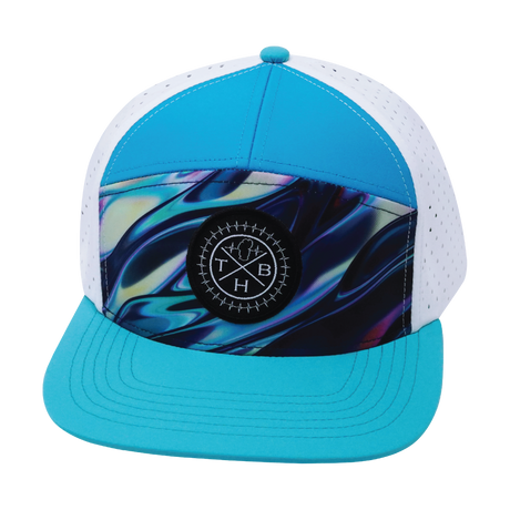 Color Vibes Hat, Flat Bill, Snapback Hat, Molten Dream, Neon Green Blue, Neon Blue, White, Mens Hat, Womens Hat, Front Picture 