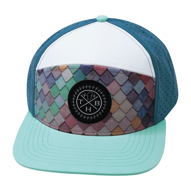 Color Vibes Hat, Flat Bill, Snapback Hat, Mosaic Scales, Mint, White, Slate Blue, Mens Hat, Womens Hat, Front Picture 