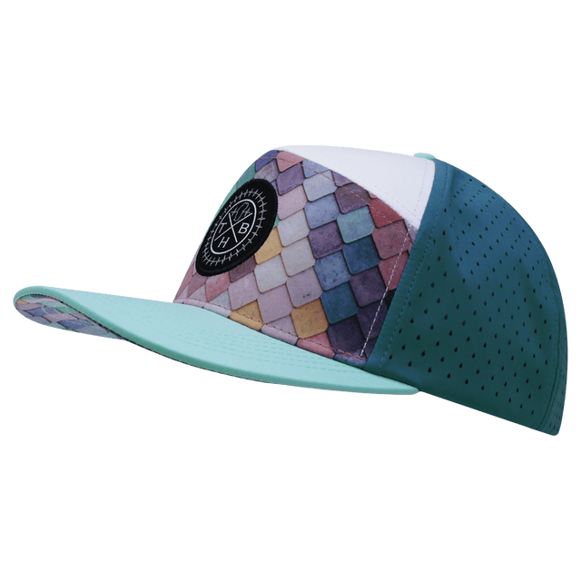 Color Vibes Hat, Flat Bill, Snapback Hat, Mosaic Scales, Mint, White, Slate Blue, Mens Hat, Womens Hat, Side Picture 