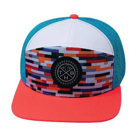 Color Vibes Hat, Flat Bill, Snapback Hat, Party Blocks, Neon Peach, White, Neon Blue, Mens Hat, Womens Hat, Front Picture 