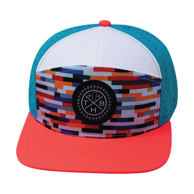 Color Vibes Hat, Flat Bill, Snapback Hat, Party Blocks, Neon Peach, White, Neon Blue, Mens Hat, Womens Hat, Front Picture 