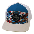 Color Vibes Hat, Flat Bill, Snapback Hat, Party Camo, Cream, Blue, White, Mens Hat, Womens Hat, Front Picture 