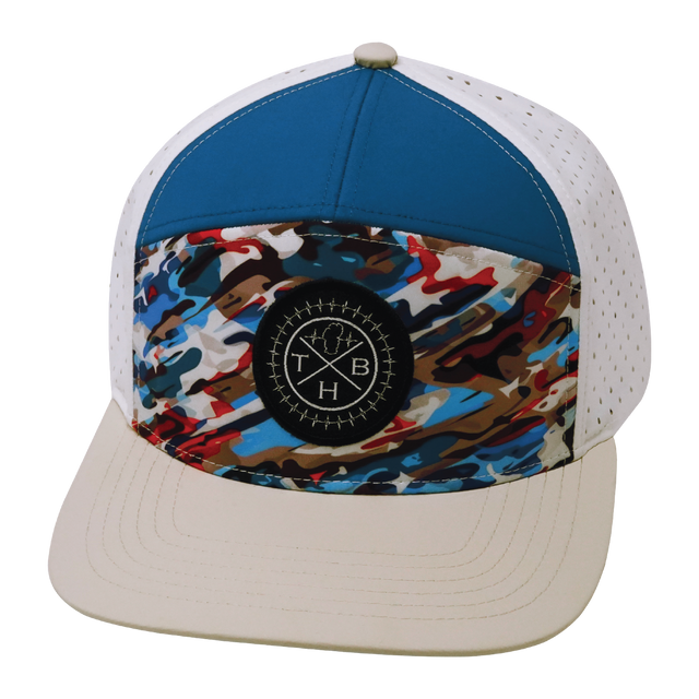 Color Vibes Hat, Flat Bill, Snapback Hat, Party Camo, Cream, Blue, White, Mens Hat, Womens Hat, Front Picture 