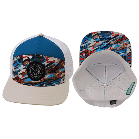 Color Vibes Hat, Flat Bill, Snapback Hat, Party Camo, Cream, Blue, White, Mens Hat, Womens Hat, Main Picture 