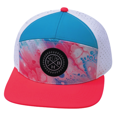 Color Vibes Hat, Flat Bill, Snapback Hat, Pixi Dust, Neon Peach, Neon Blue, White, Mens Hat, Womens Hat, Front Picture 