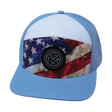 Color Vibes Hat, Flat Bill, Snapback Hat, Rugged Flag, Baby Blue, White, Mens Hat, Womens Hat, Front Picture 