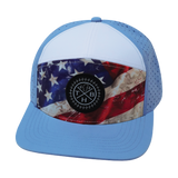 Color Vibes Hat, Flat Bill, Snapback Hat, Rugged Flag, Baby Blue, White, Mens Hat, Womens Hat, Front Picture 