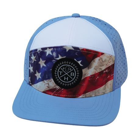 Color Vibes Hat, Flat Bill, Snapback Hat, Rugged Flag, Baby Blue, White, Mens Hat, Womens Hat, Front Picture 