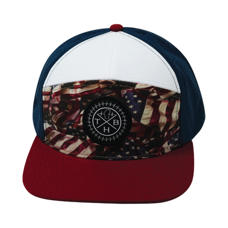 Color Vibes Hat, Flat Bill, Snapback Hat, Silk Flag, Dark Red, White, Navy, Mens Hat, Womens Hat, Front Picture 