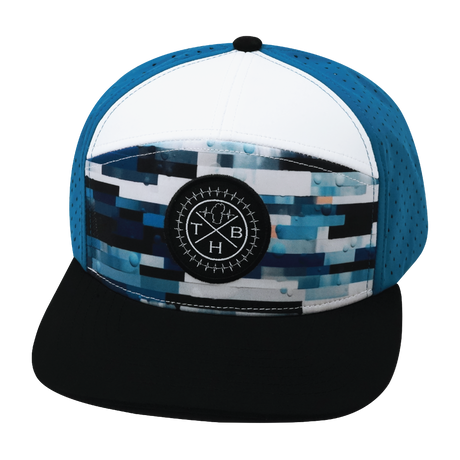 Color Vibes Hat, Flat Bill, Snapback Hat, Sky Blocks, Black, White, Blue, Mens Hat, Womens Hat, Front Picture 