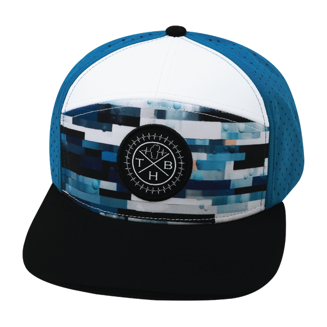 Color Vibes Hat, Flat Bill, Snapback Hat, Sky Blocks, Black, White, Blue, Mens Hat, Womens Hat, Front Picture 