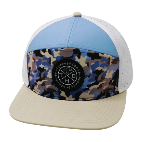 Color Vibes Hat, Flat Bill, Snapback Hat, Sky Camo, Cream, Baby Blue, White, Mens Hat, Womens Hat, Front Picture