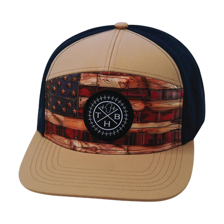 Color Vibes Hat, Flat Bill, Snapback Hat, Stained Flag, Light Tan, Navy , Mens Hat, Womens Hat, Front Picture 