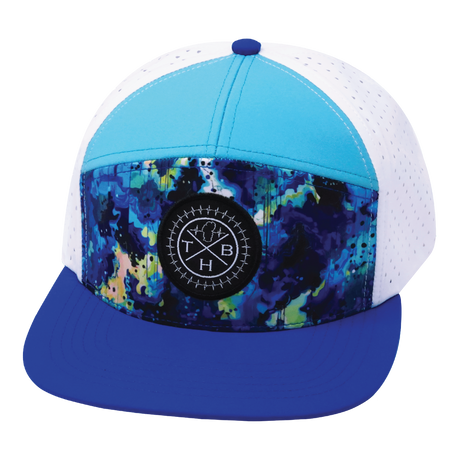 Color Vibes Hat, Flat Bill, Snapback Hat, Starry Bright, Blue, Neon Green Blue, White, Mens Hat, Womens Hat, Front Picture 