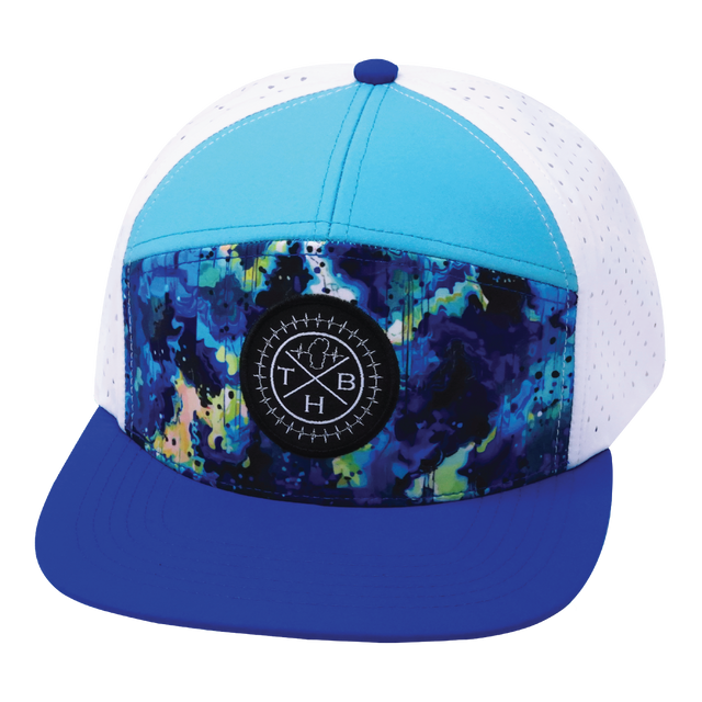 Color Vibes Hat, Flat Bill, Snapback Hat, Starry Bright, Blue, Neon Green Blue, White, Mens Hat, Womens Hat, Front Picture 