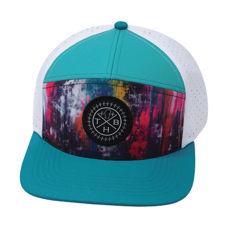 Color Vibes Hat, Flat Bill, Snapback Hat, Street Art, Neon Blue, Neon Green Blue, White, Mens Hat, Womens Hat, Front Picture 