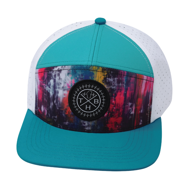 Color Vibes Hat, Flat Bill, Snapback Hat, Street Art, Neon Blue, Neon Green Blue, White, Mens Hat, Womens Hat, Front Picture 