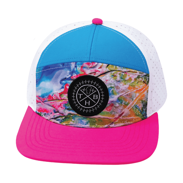 Color Vibes Hat, Flat Bill, Snapback Hat, Candy Land, Neon Pink, Neon Blue, White, Mens Hat, Womens Hat, Front Picture  