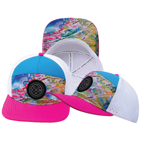 Color Vibes Hat, Flat Bill, Snapback Hat, Candy Land, Neon Pink, Neon Blue, White, Mens Hat, Womens Hat, Main Picture  