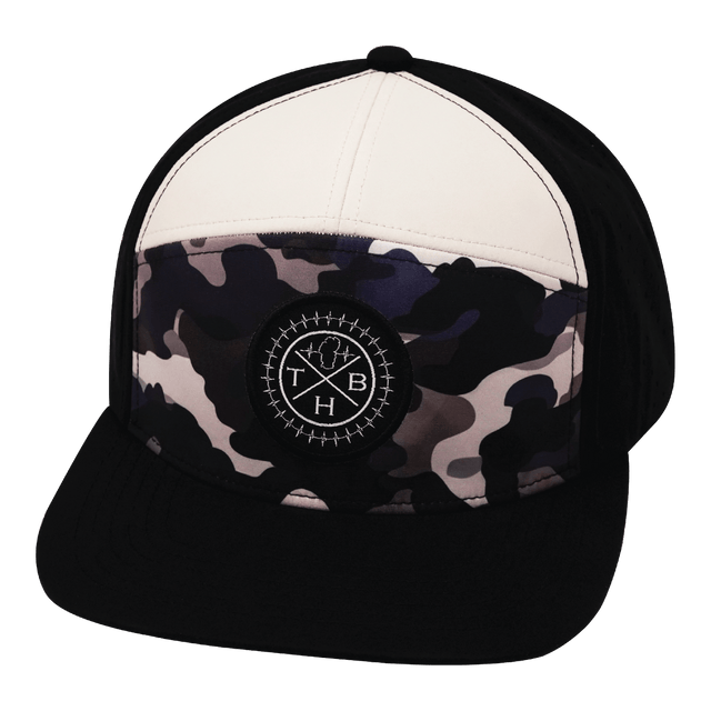 Color Vibes Hat, Flat Bill, Snapback Hat, Desert Night Camo, Black, Cream, Mens Hat, Womens Hat, Front Picture   