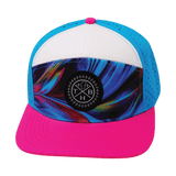 Color Vibes Hat, Flat Bill, Snapback Hat, Feather Glow, Neon Pink, White, Neon Blue, Mens Hat, Womens Hat, Front Picture 